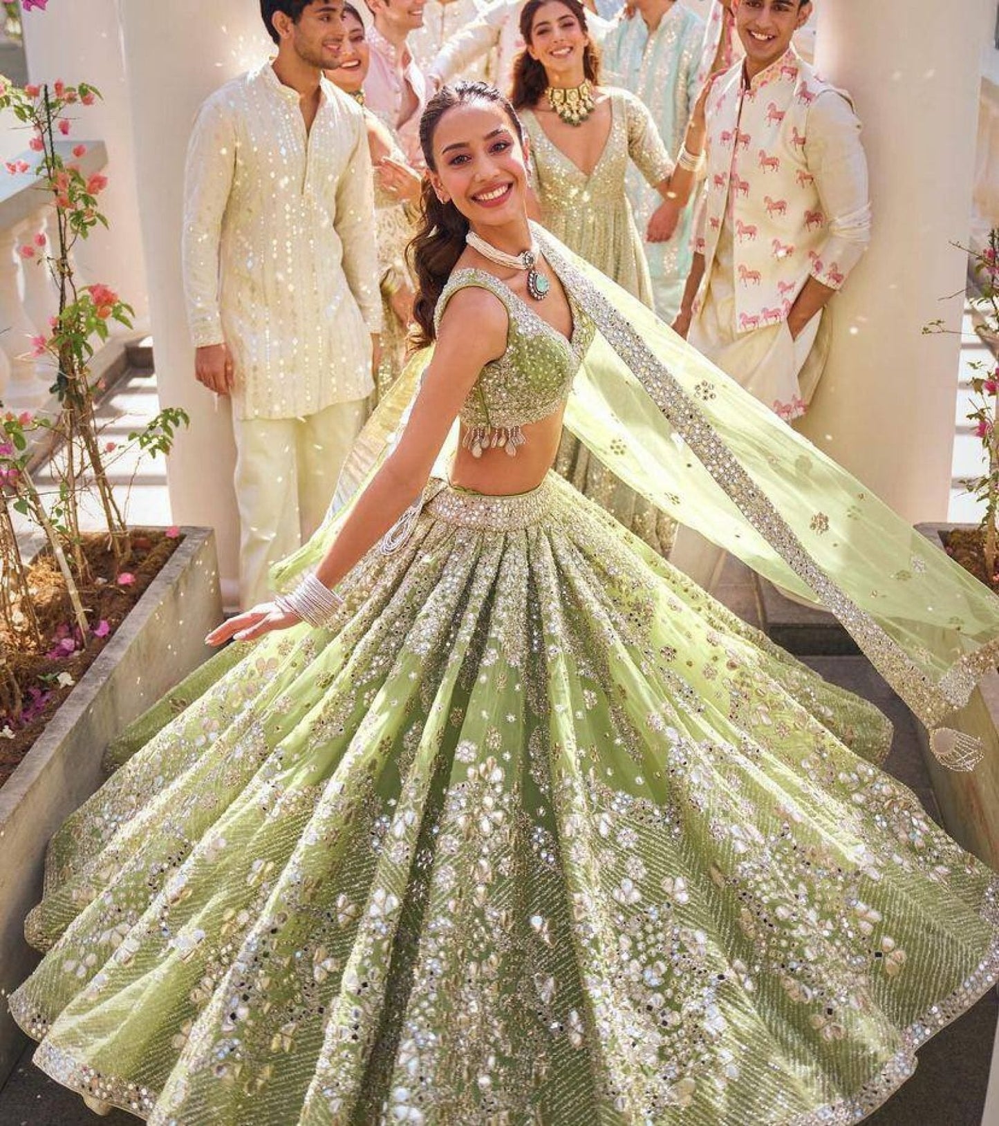 Lehenga Set with Intricate Mirror and Floral Embroidery