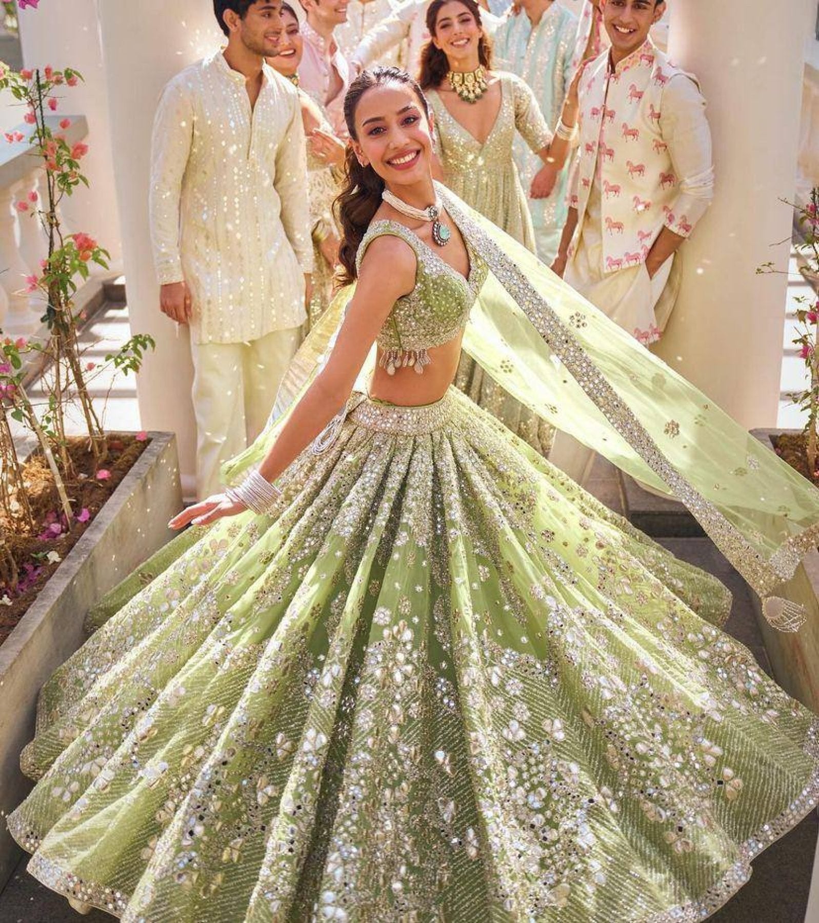 Lehenga Set with Intricate Mirror and Floral Embroidery
