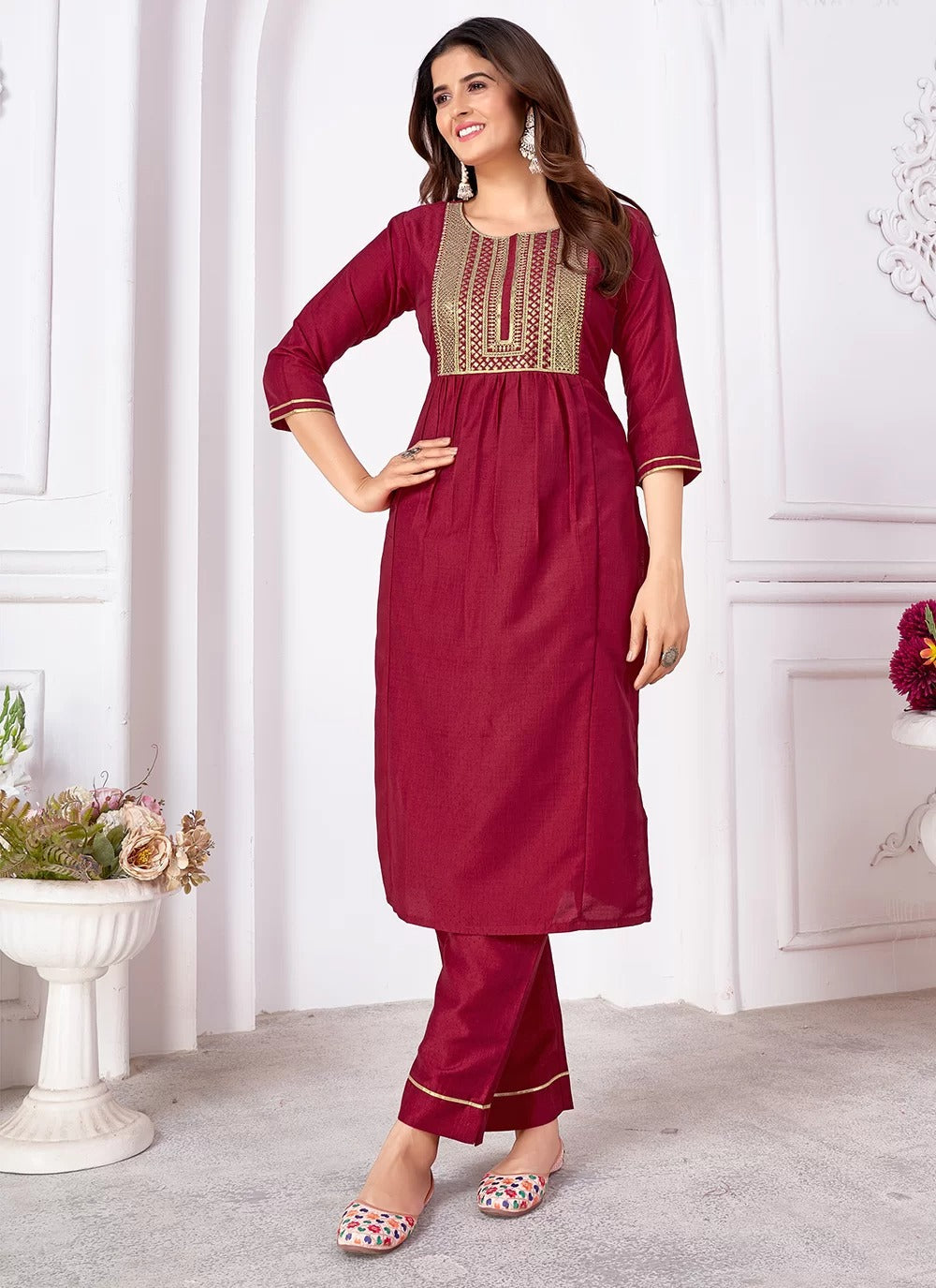 Vibrant hot pink vertical silk readymade suit with heavy sequin embroidery banarasi dupatta