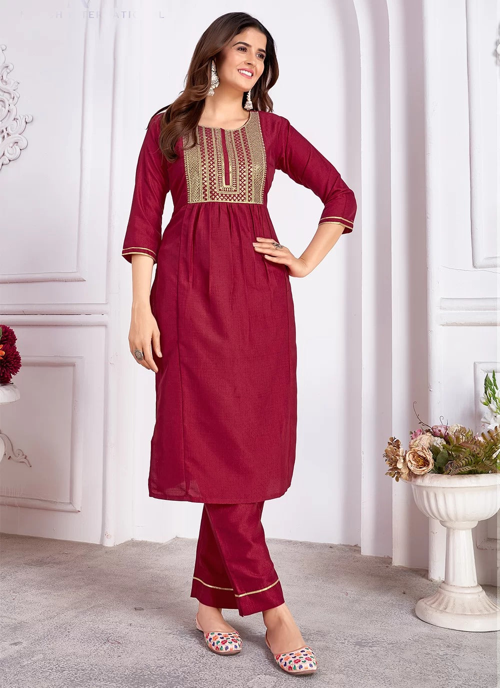 Vibrant hot pink vertical silk readymade suit with heavy sequin embroidery banarasi dupatta