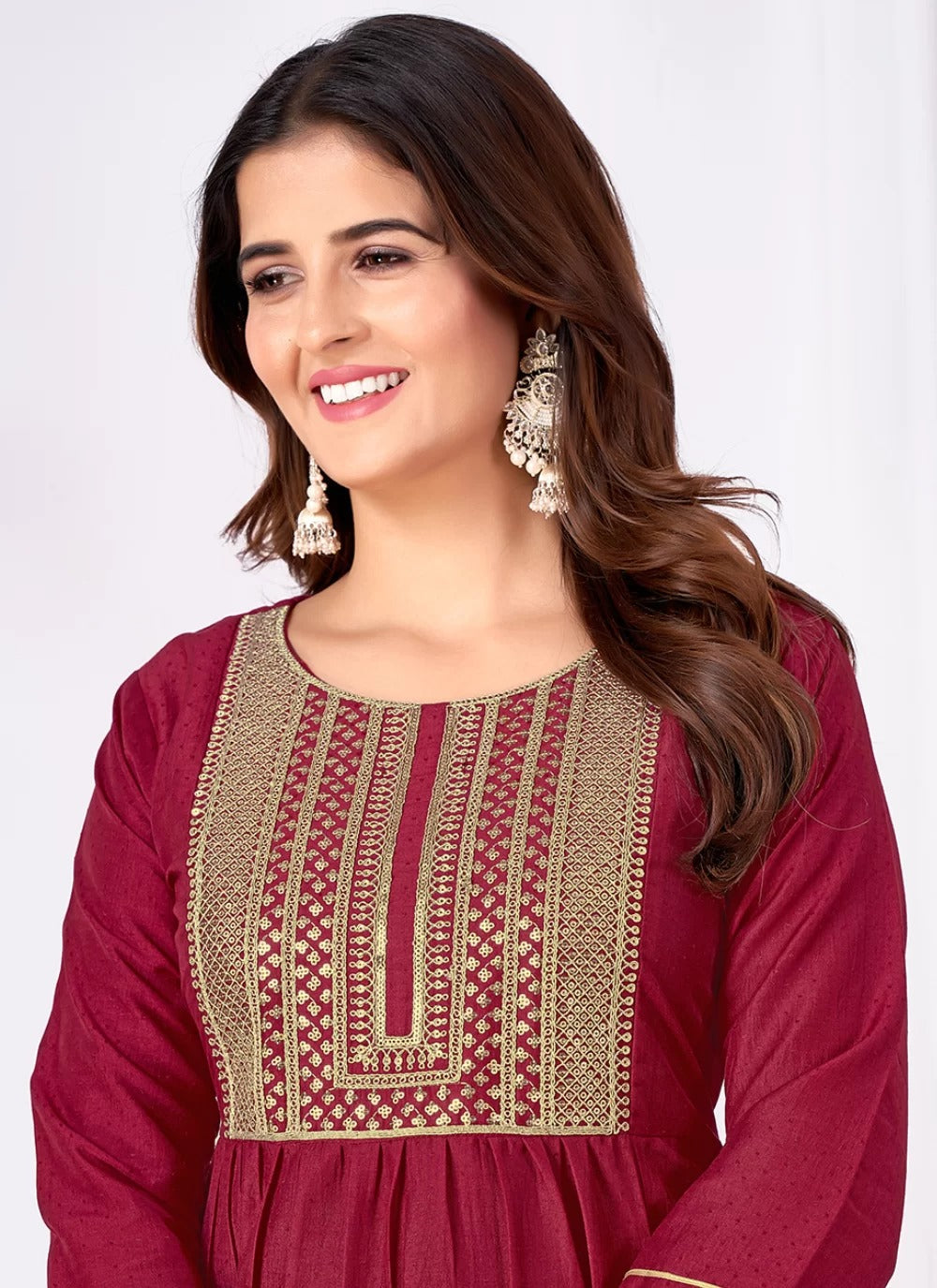 Vibrant hot pink vertical silk readymade suit with heavy sequin embroidery banarasi dupatta