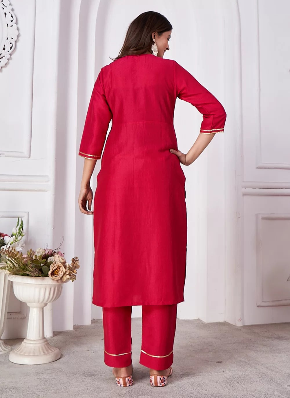 Vibrant hot pink vertical silk readymade suit with heavy sequin embroidery banarasi dupatta