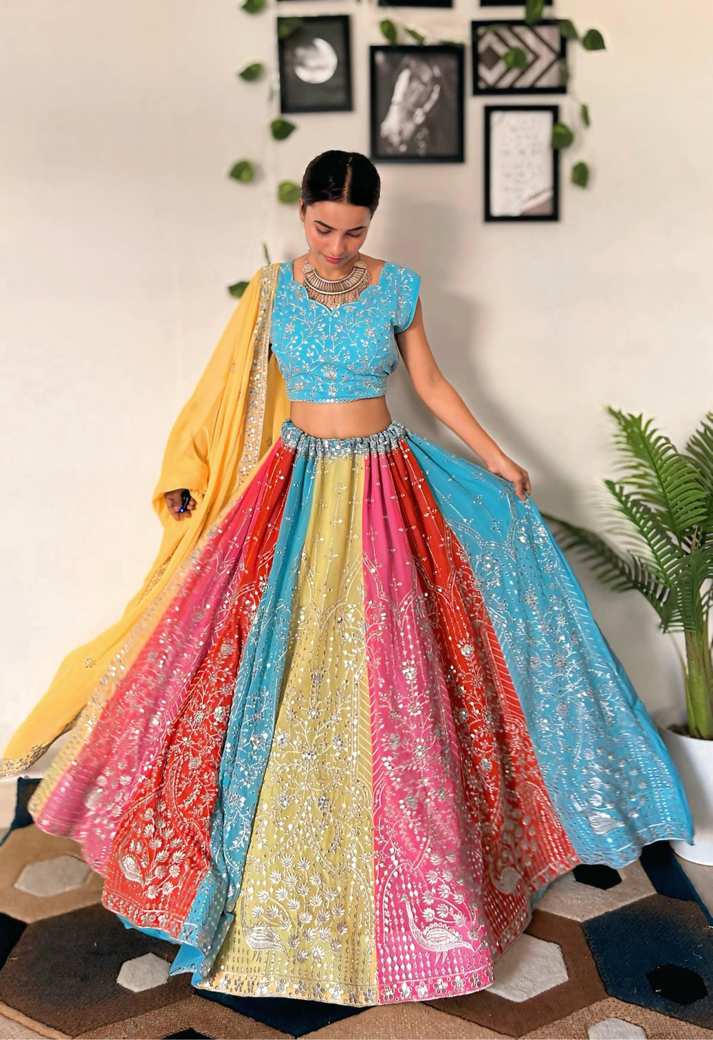 Vibrant Multicolor Embroidered Lehenga Set with Sequins Work