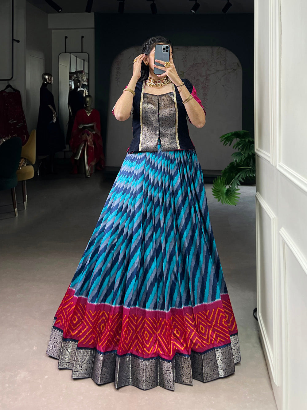 Firozi tasar silk leheriya print lehenga choli with vichitra silk zari weaving blouse