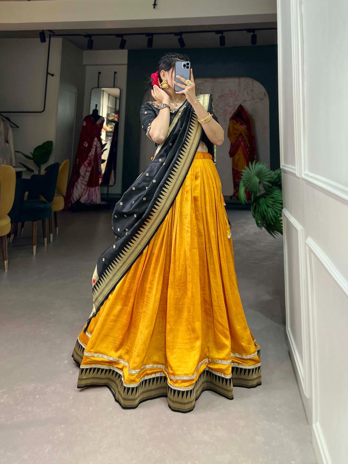 Vichitra Silk Mustard Lehenga Choli Set with Paithani Lace