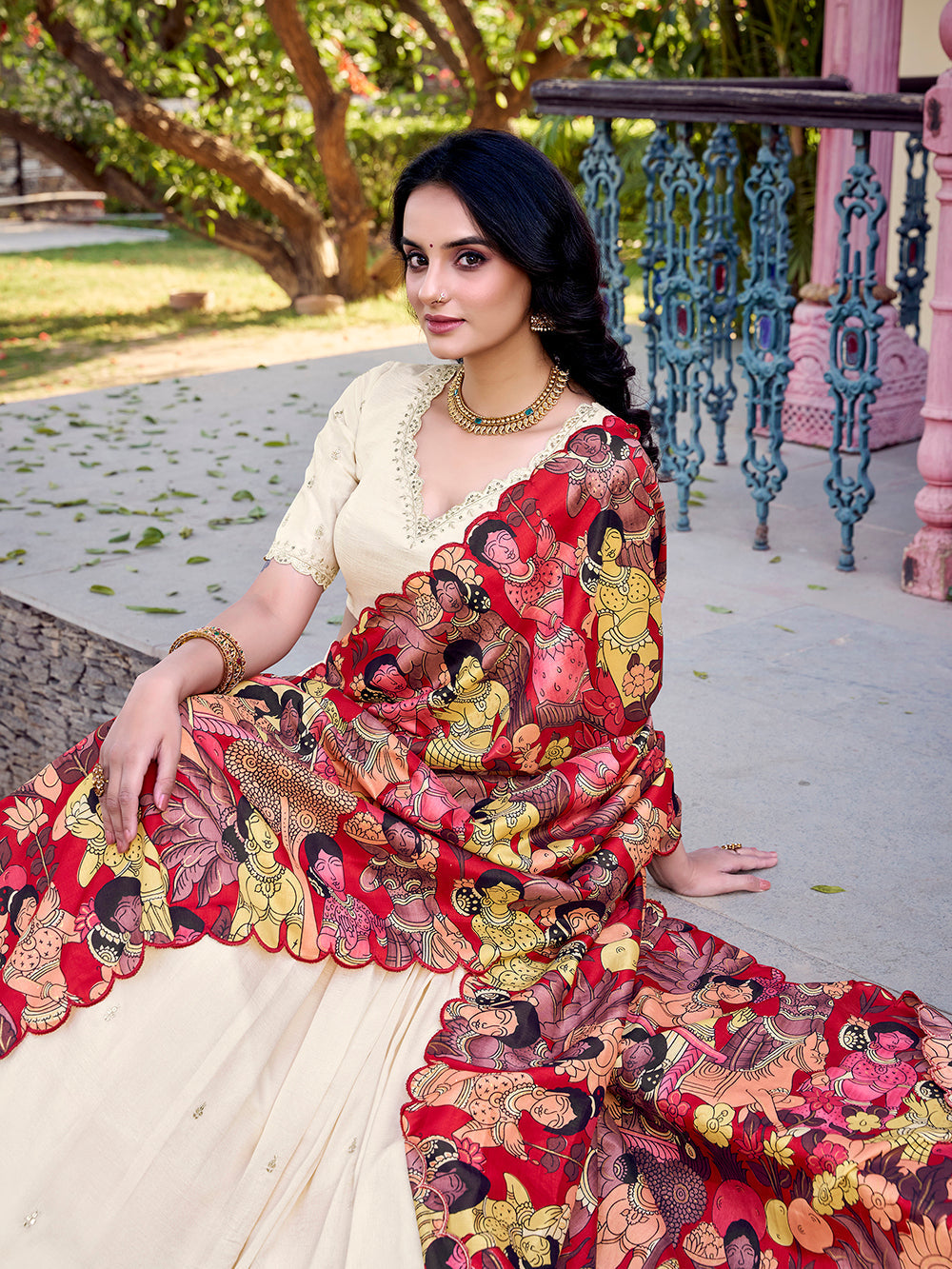 Vichitra silk stitched lehenga choli with kalamkari border tussar silk dupatta
