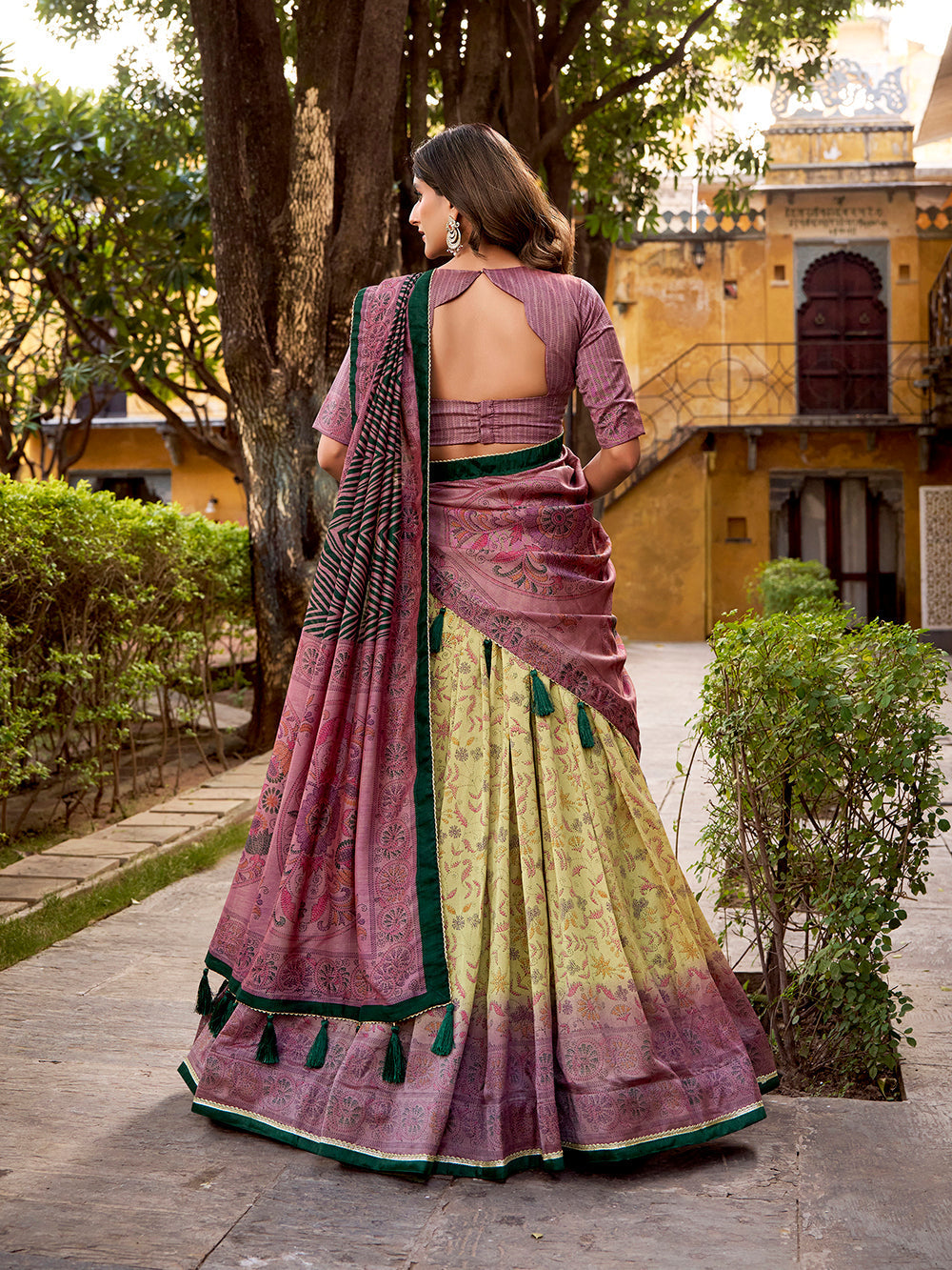 Mauve lehenga choli with printed blouse vichitra silk dupatta