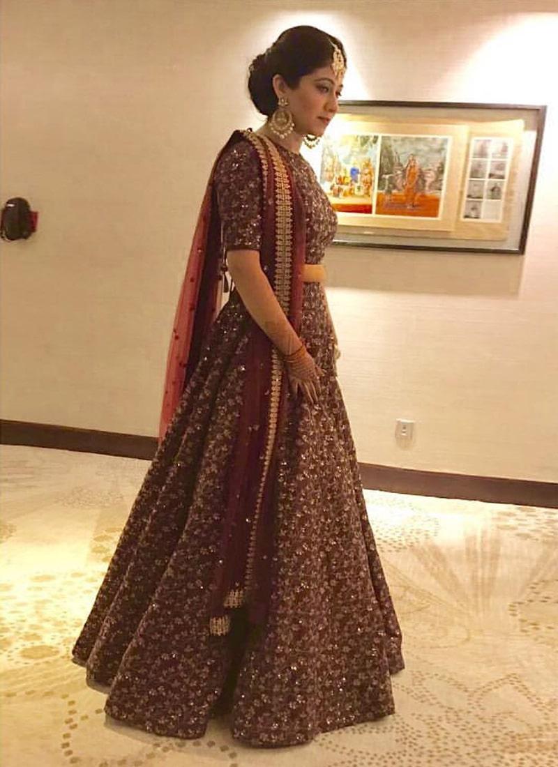 Vine Pattern Maroon Lehenga Choli With Dupatta Set