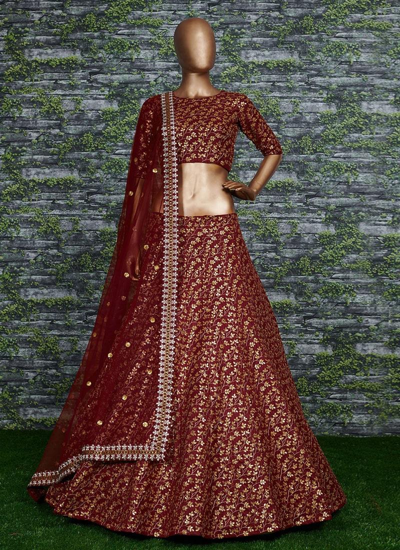 Vine Pattern Maroon Lehenga Choli With Dupatta Set