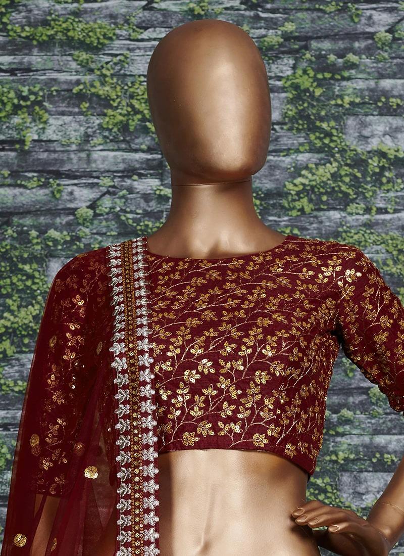 Vine Pattern Maroon Lehenga Choli With Dupatta Set