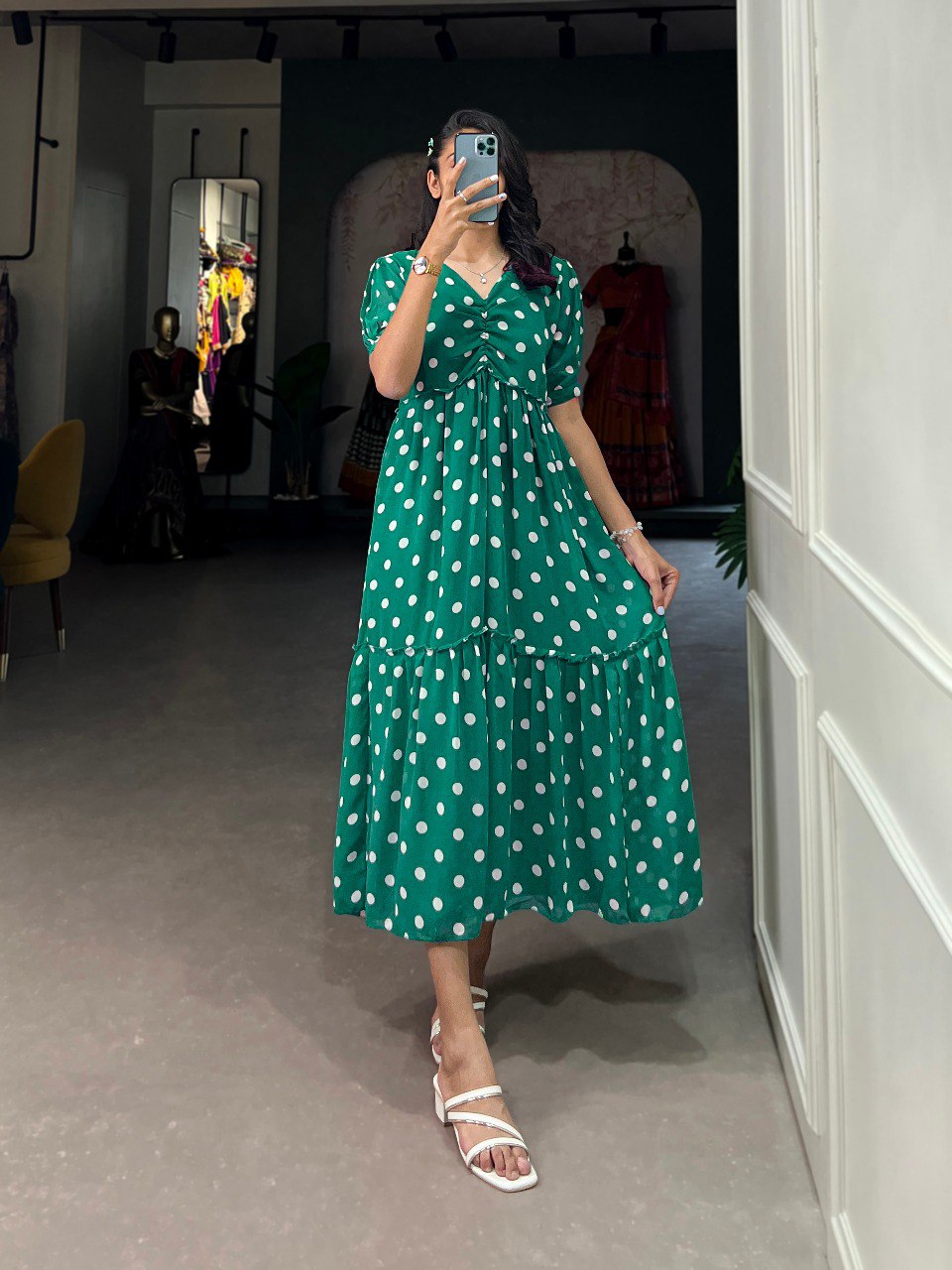Vintage Green Polka Dot Georgette Long Frock