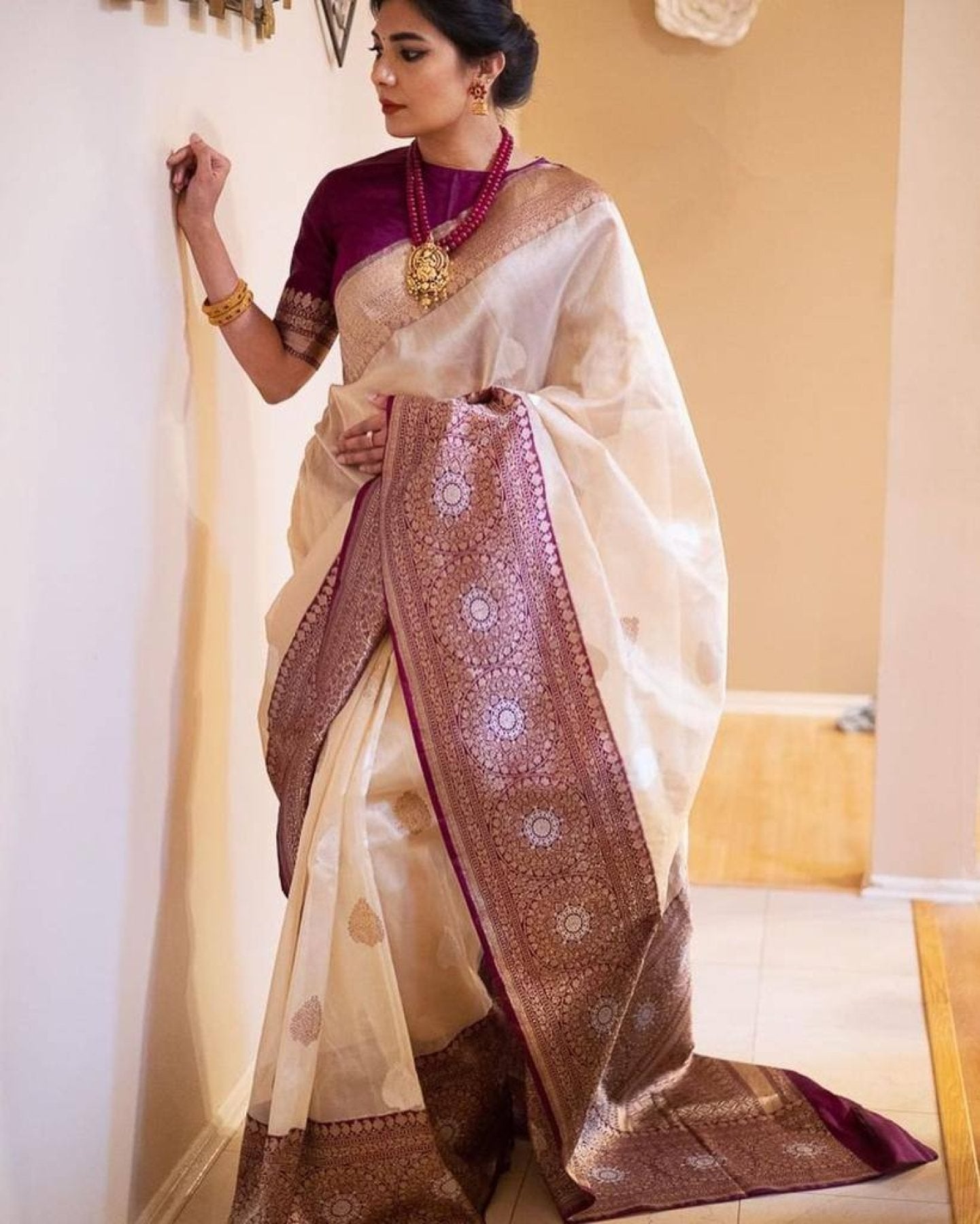 Gold Lichi Silk Saree with Rich Pallu and Pure Zari Work