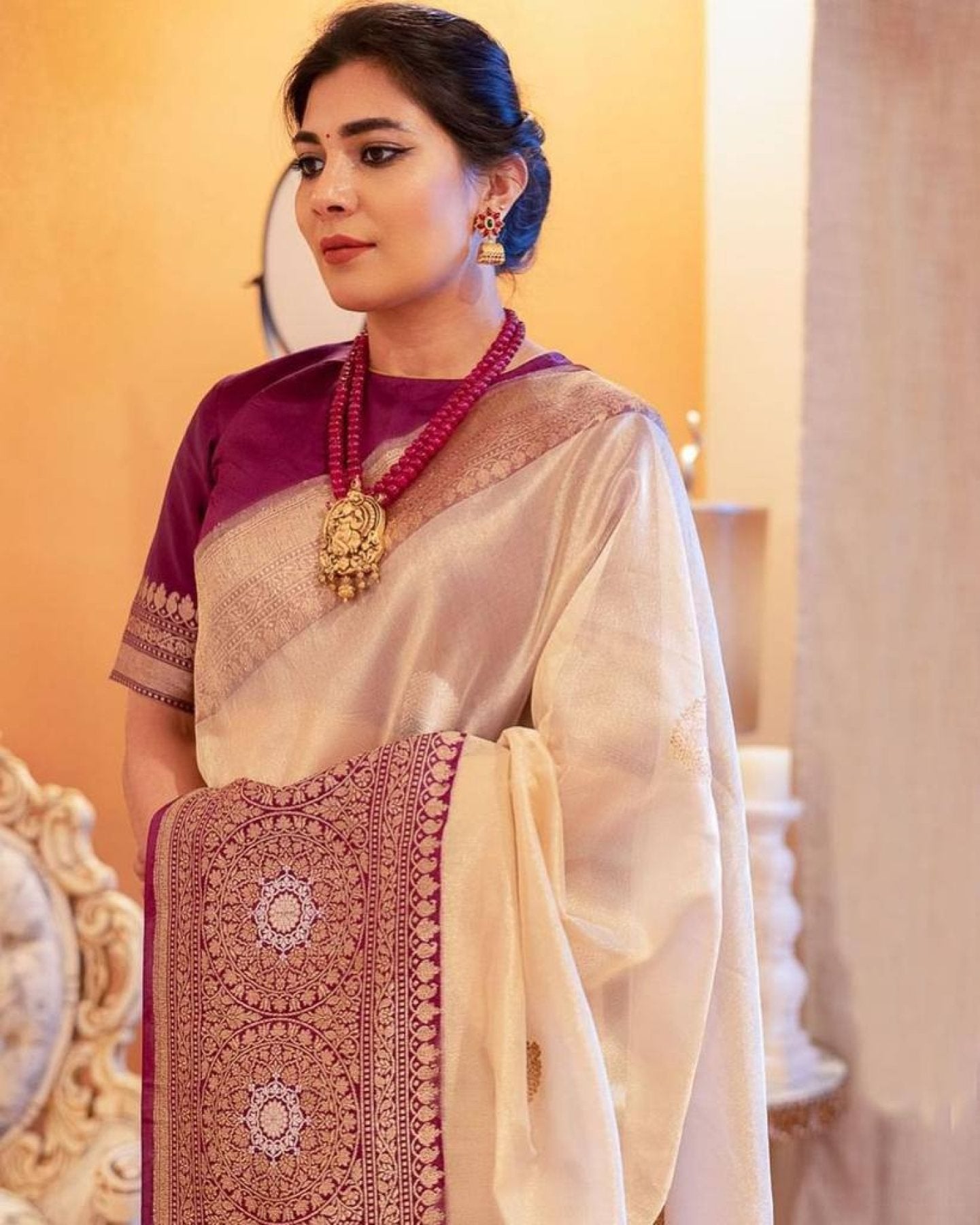 Gold Lichi Silk Saree with Rich Pallu and Pure Zari Work