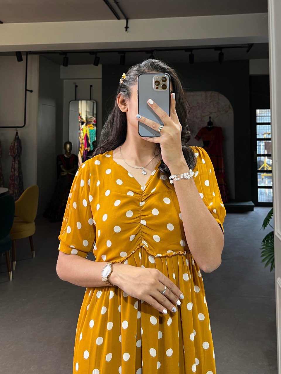 Vintage Mustard Polka Dot Georgette Long Frock