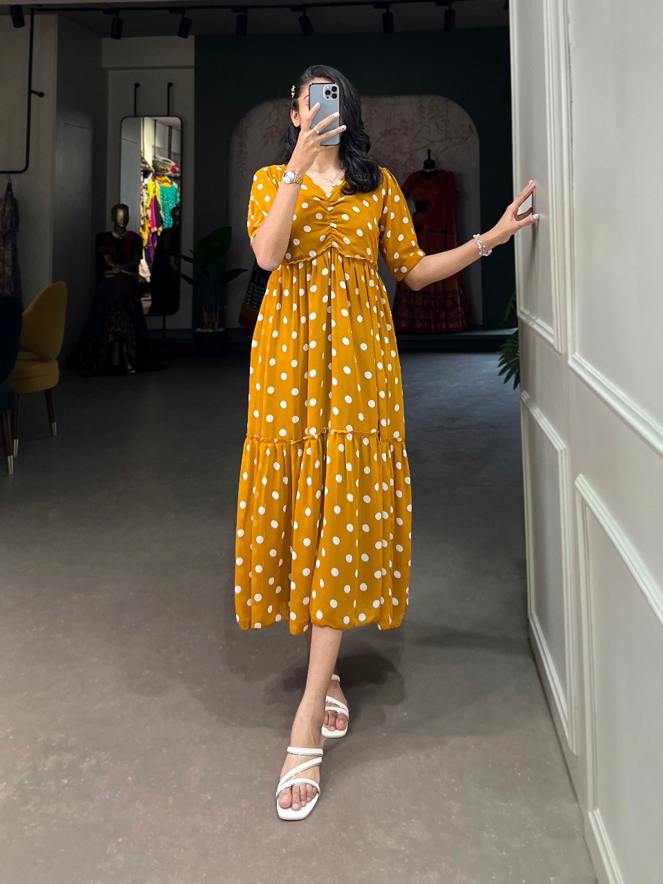 Vintage Mustard Polka Dot Georgette Long Frock