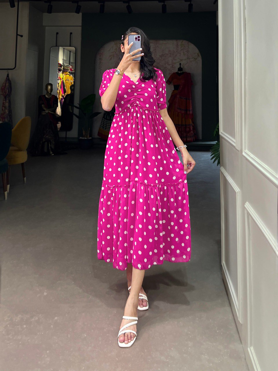 Vintage Pink Polka Dot Georgette Long Frock