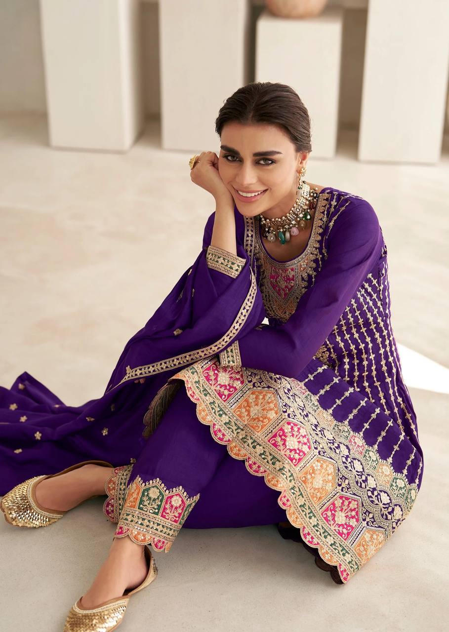Violet Color Breathtaking Beauty Embroidered Chinon Kurta Set with Dupatta