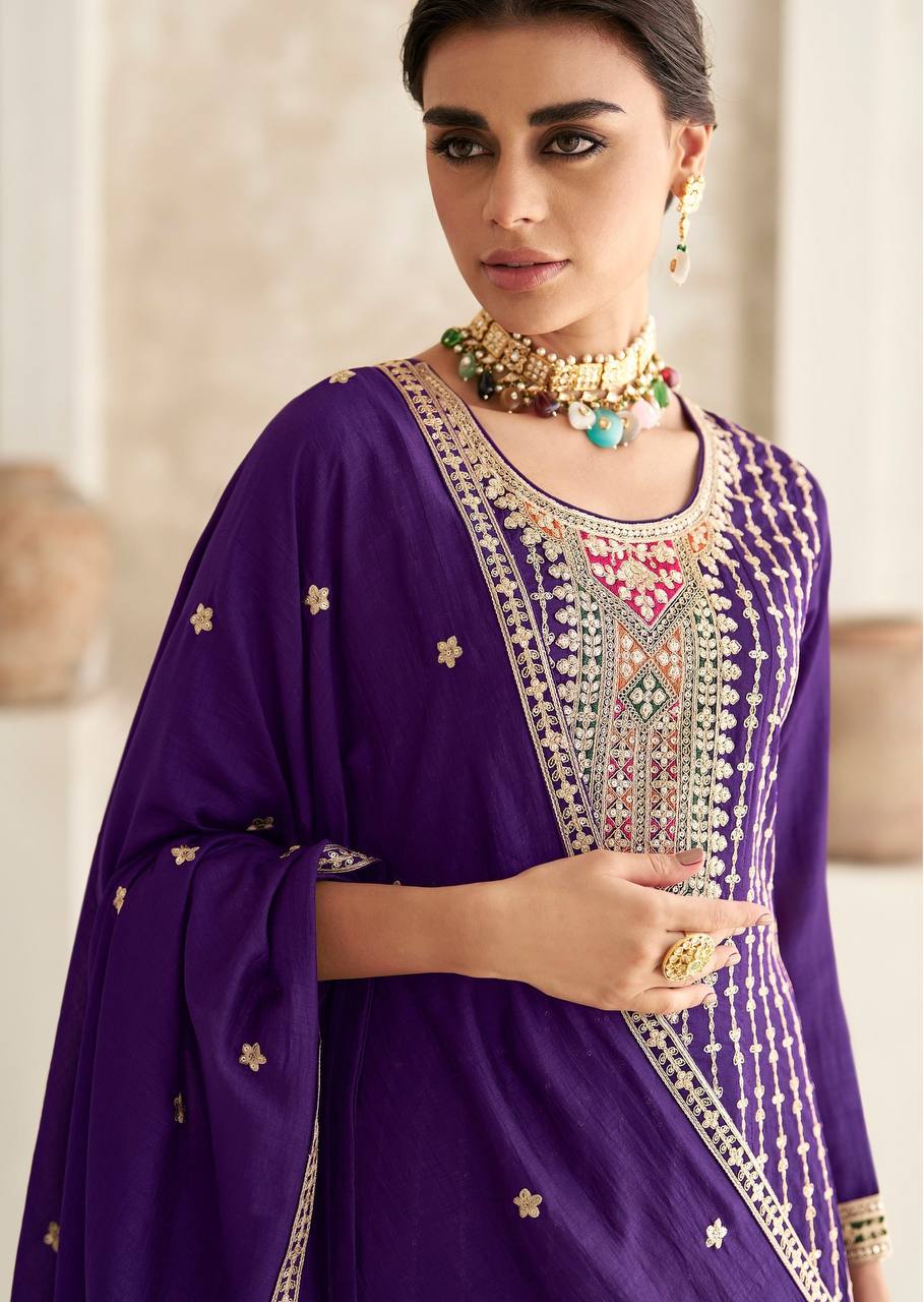Violet Color Breathtaking Beauty Embroidered Chinon Kurta Set with Dupatta
