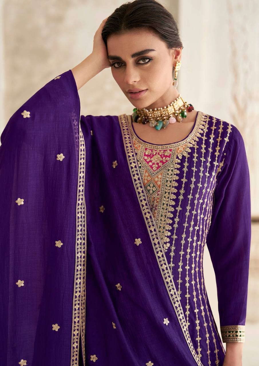 Violet Color Breathtaking Beauty Embroidered Chinon Kurta Set with Dupatta