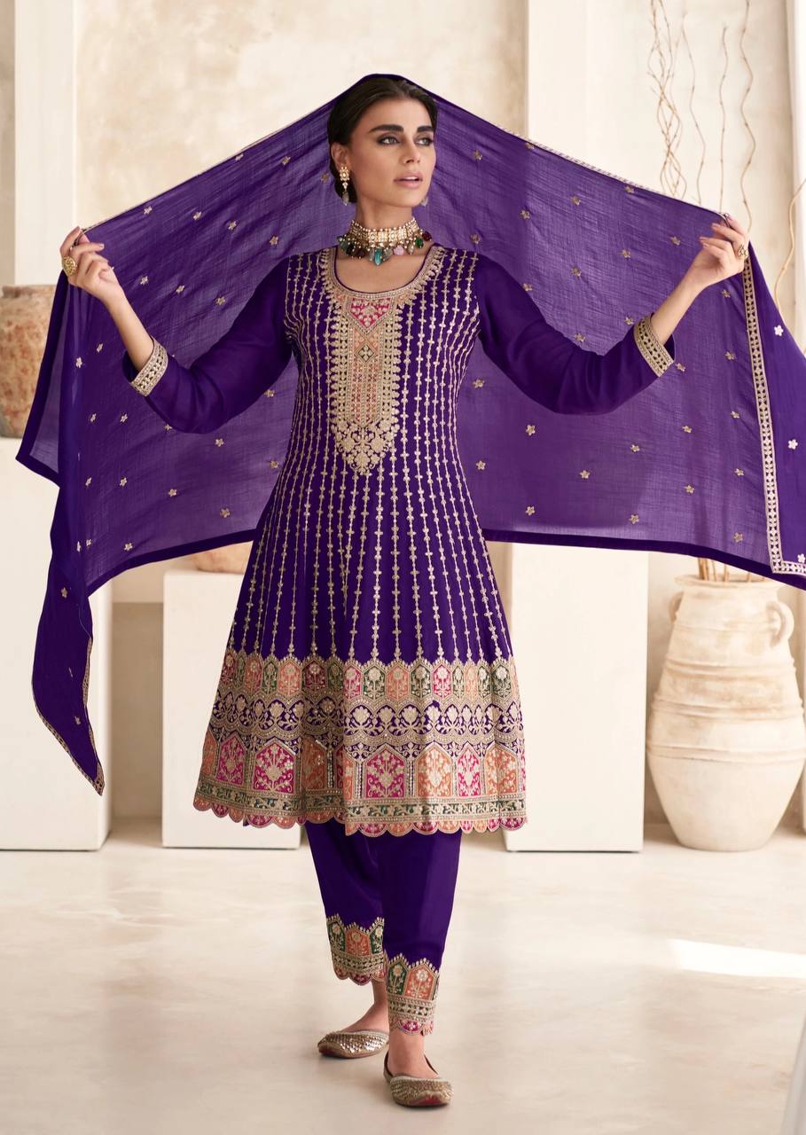 Violet Color Breathtaking Beauty Embroidered Chinon Kurta Set with Dupatta