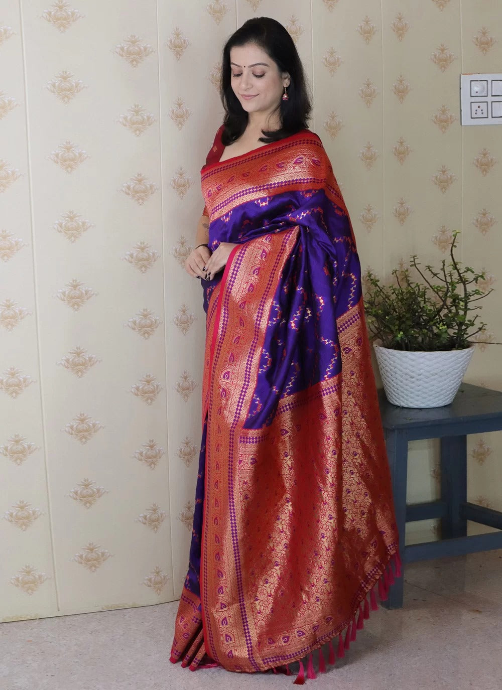 Designer violet banarasi soft silk saree with gold zari weaving