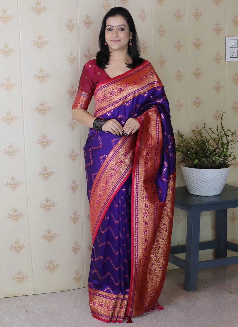 Designer violet banarasi soft silk saree with gold zari weaving