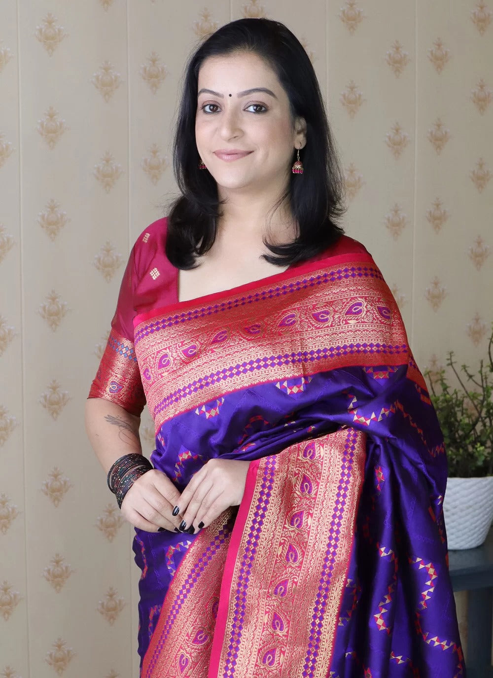 Designer violet banarasi soft silk saree with gold zari weaving