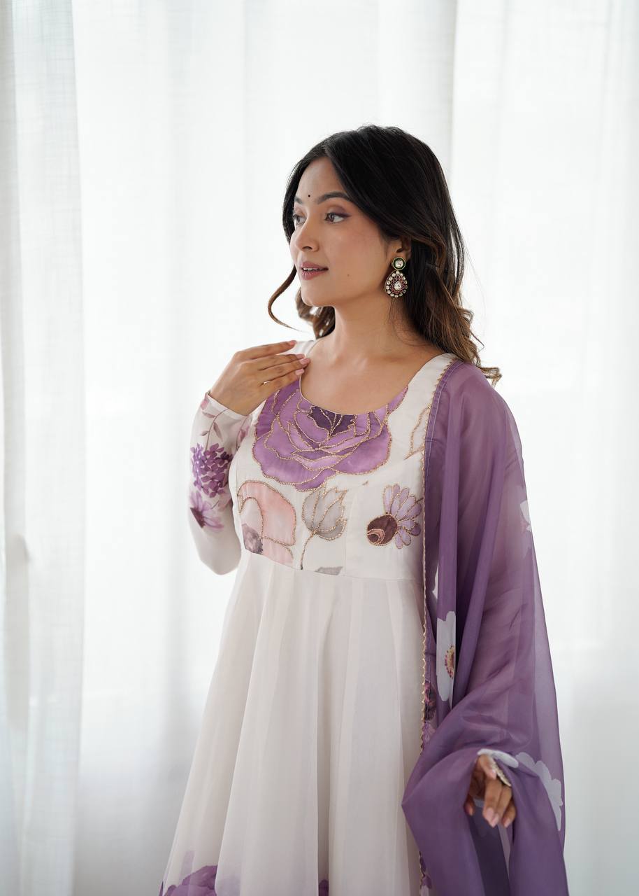Violet Designer Organza Silk Anarkali Set with Badla Jari Handwork & Gota Patti Dupatta