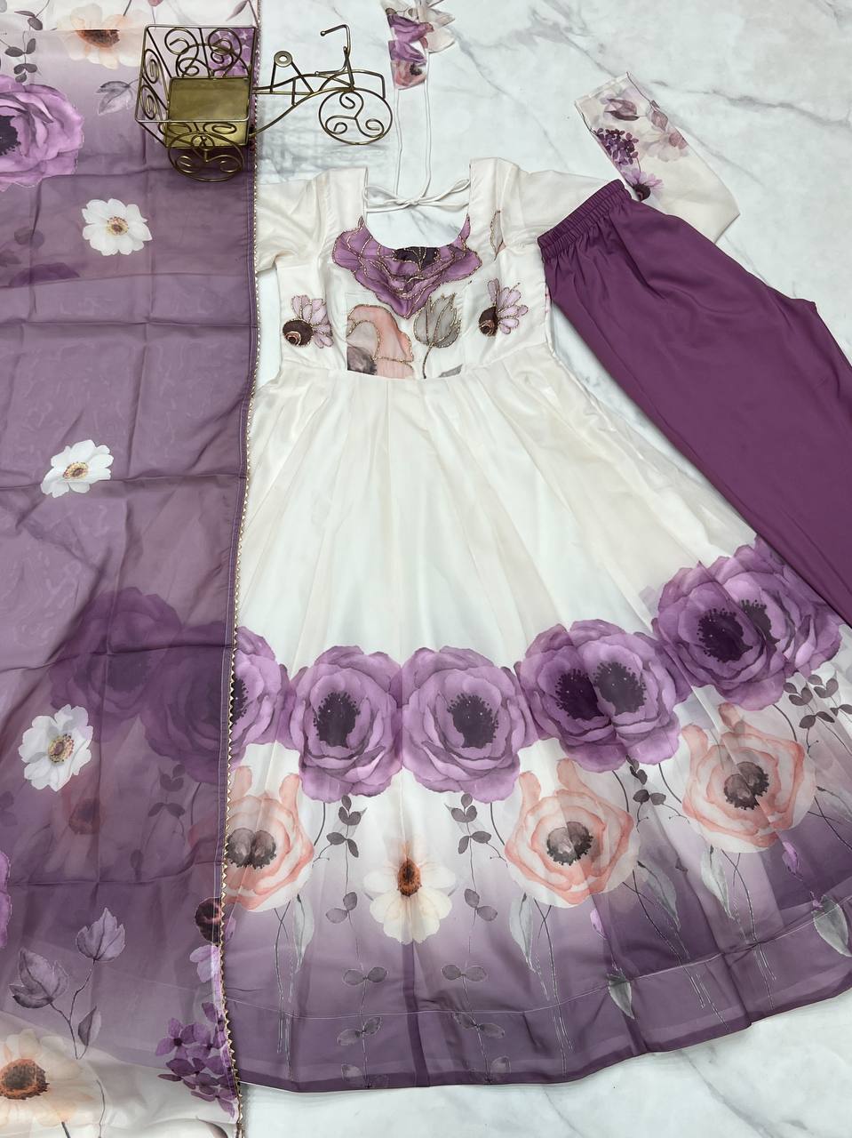 Violet Designer Organza Silk Anarkali Set with Badla Jari Handwork & Gota Patti Dupatta