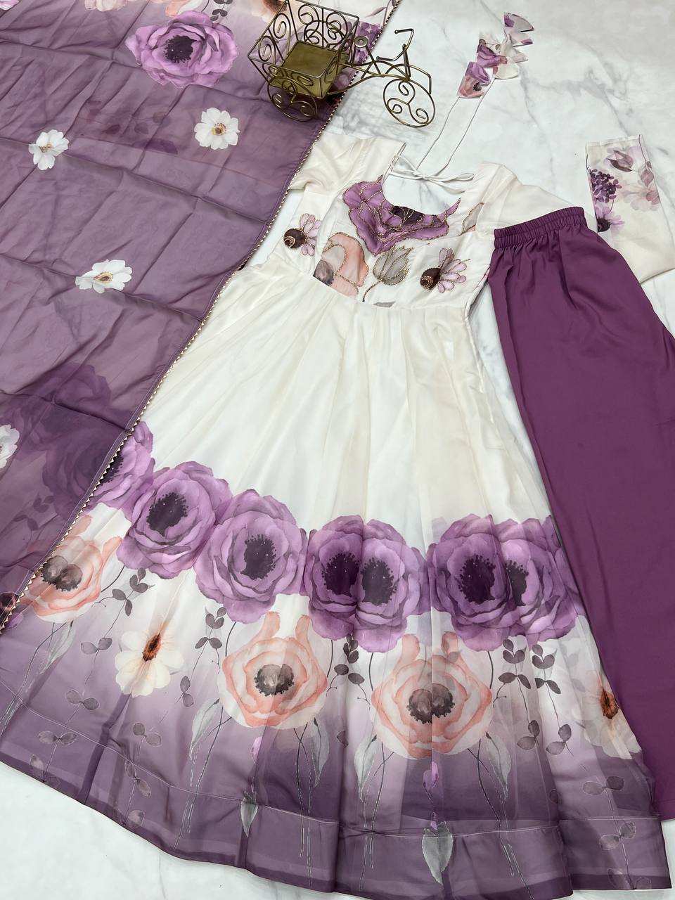 Violet Designer Organza Silk Anarkali Set with Badla Jari Handwork & Gota Patti Dupatta