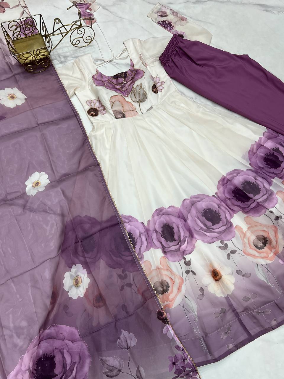 Violet Designer Organza Silk Anarkali Set with Badla Jari Handwork & Gota Patti Dupatta