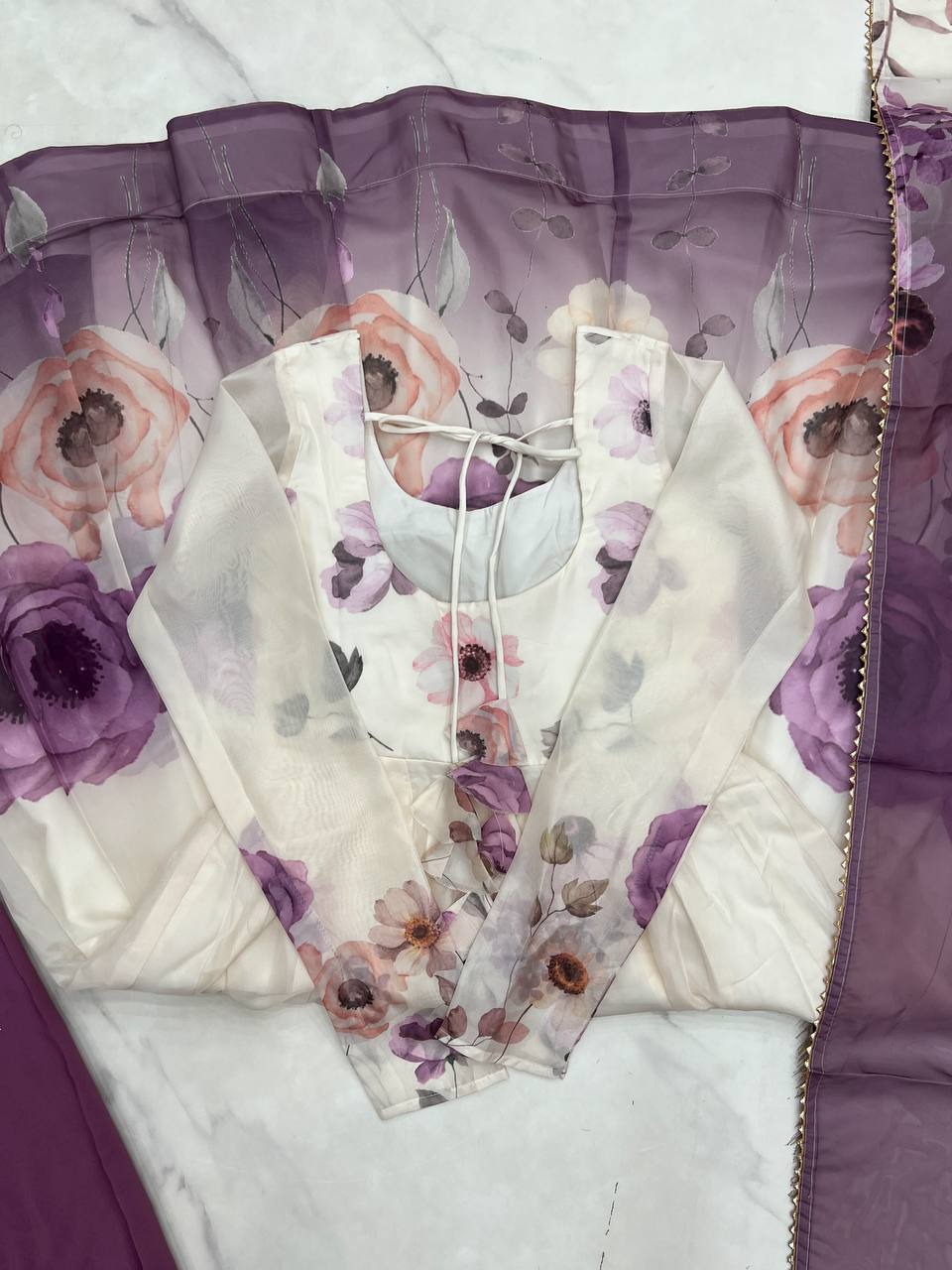 Violet Designer Organza Silk Anarkali Set with Badla Jari Handwork & Gota Patti Dupatta