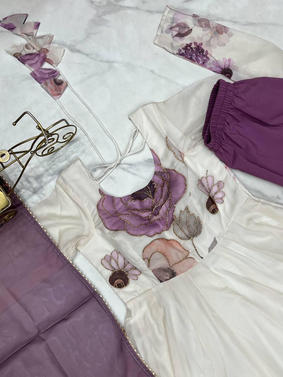 Violet Designer Organza Silk Anarkali Set with Badla Jari Handwork & Gota Patti Dupatta