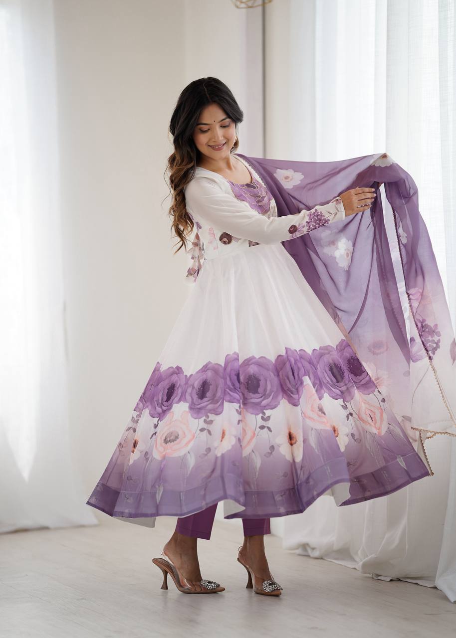 Violet Designer Organza Silk Anarkali Set with Badla Jari Handwork & Gota Patti Dupatta