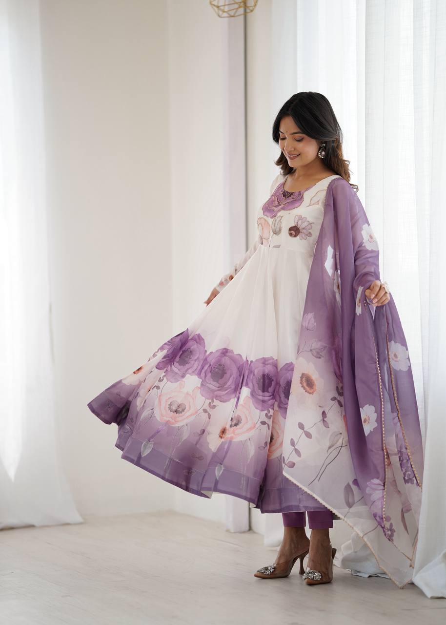 Violet Designer Organza Silk Anarkali Set with Badla Jari Handwork & Gota Patti Dupatta