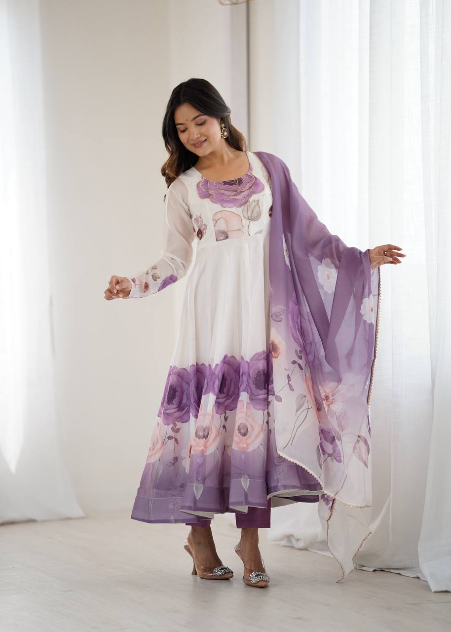 Violet Designer Organza Silk Anarkali Set with Badla Jari Handwork & Gota Patti Dupatta