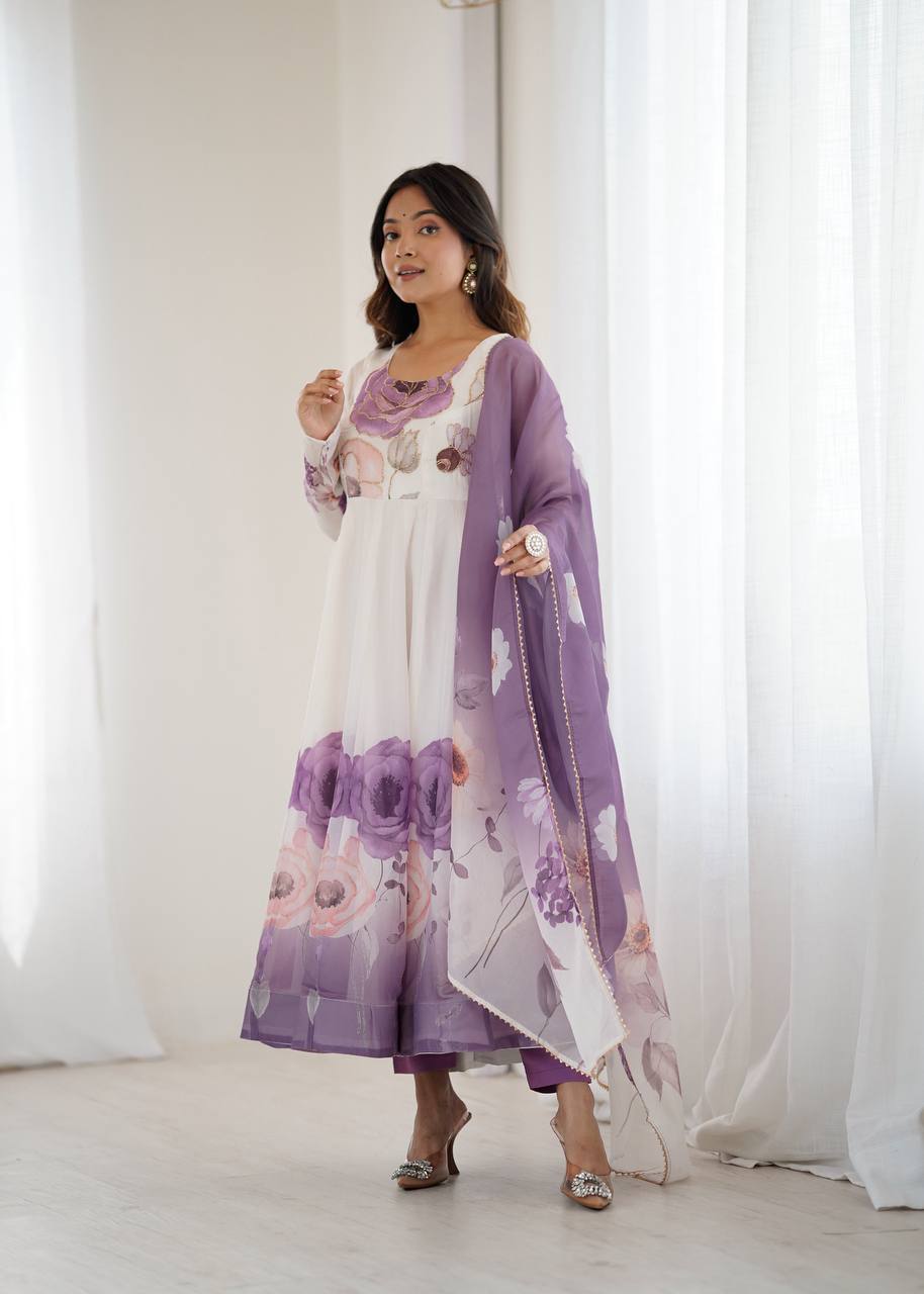 Violet Designer Organza Silk Anarkali Set with Badla Jari Handwork & Gota Patti Dupatta