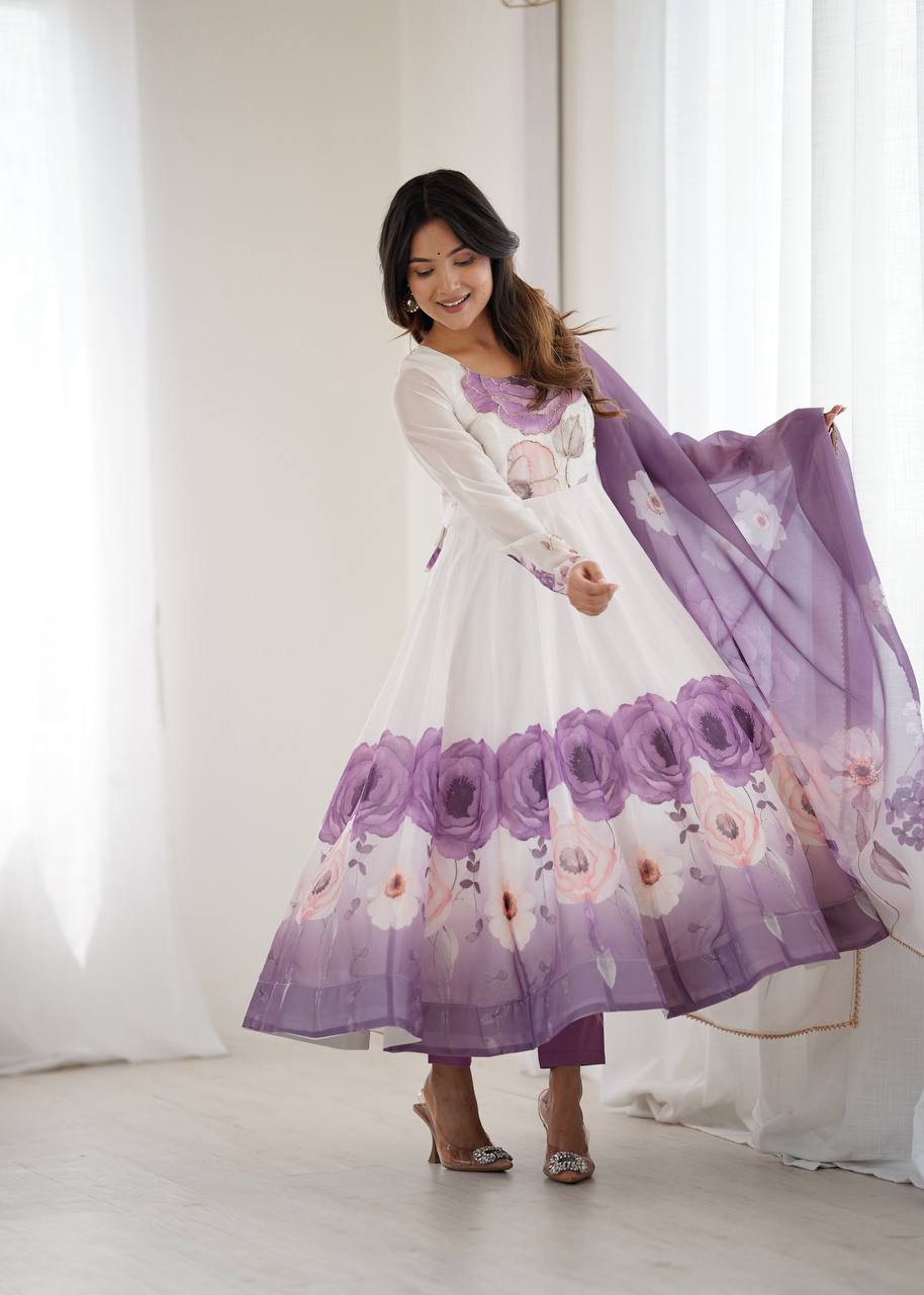 Violet Designer Organza Silk Anarkali Set with Badla Jari Handwork & Gota Patti Dupatta