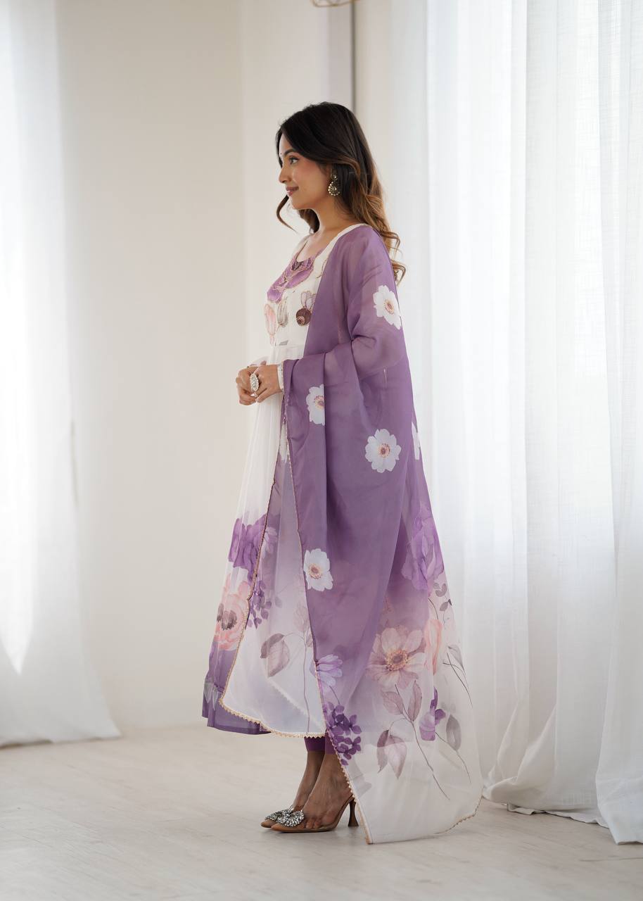 Violet Designer Organza Silk Anarkali Set with Badla Jari Handwork & Gota Patti Dupatta