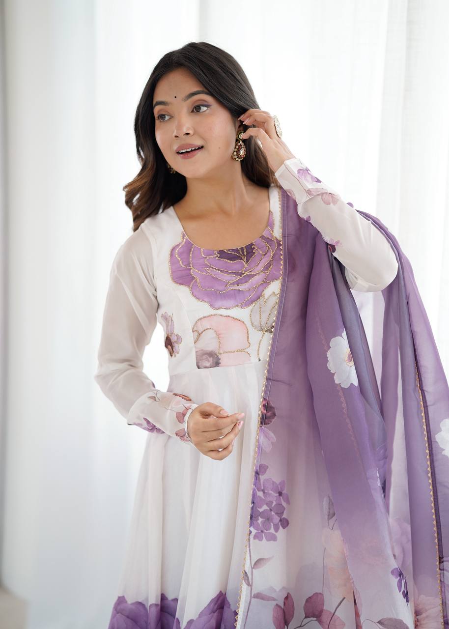 Violet Designer Organza Silk Anarkali Set with Badla Jari Handwork & Gota Patti Dupatta