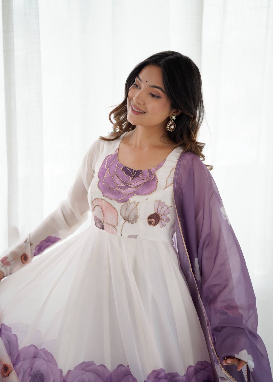 Violet Designer Organza Silk Anarkali Set with Badla Jari Handwork & Gota Patti Dupatta