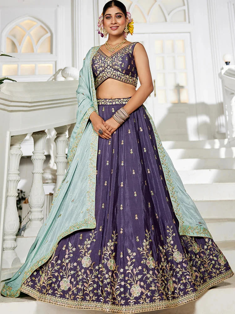 Violet Elegant Chiffon Embroidered Lehenga Set with Dupatta & Blouse