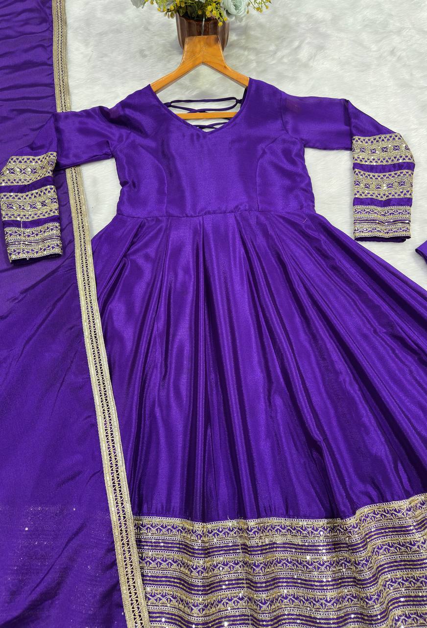 Violet Heavy Silk Embroidered Gown