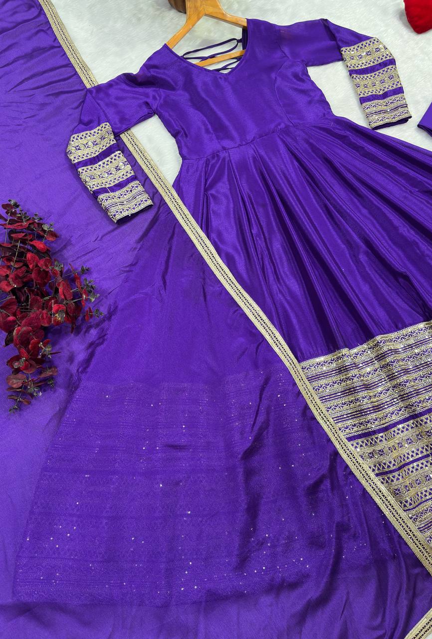 Violet Heavy Silk Embroidered Gown