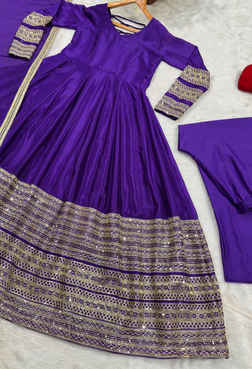 Violet Heavy Silk Embroidered Gown
