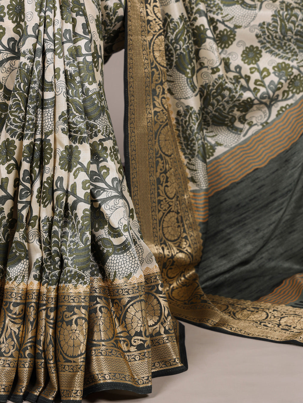 Mehendi color printed tasar silk saree with viscose border
