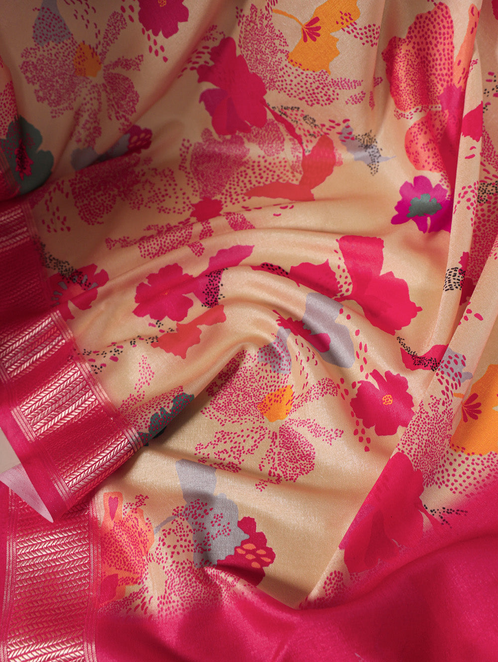 Cream tussar silk floral printed saree with viscose border wine blouse