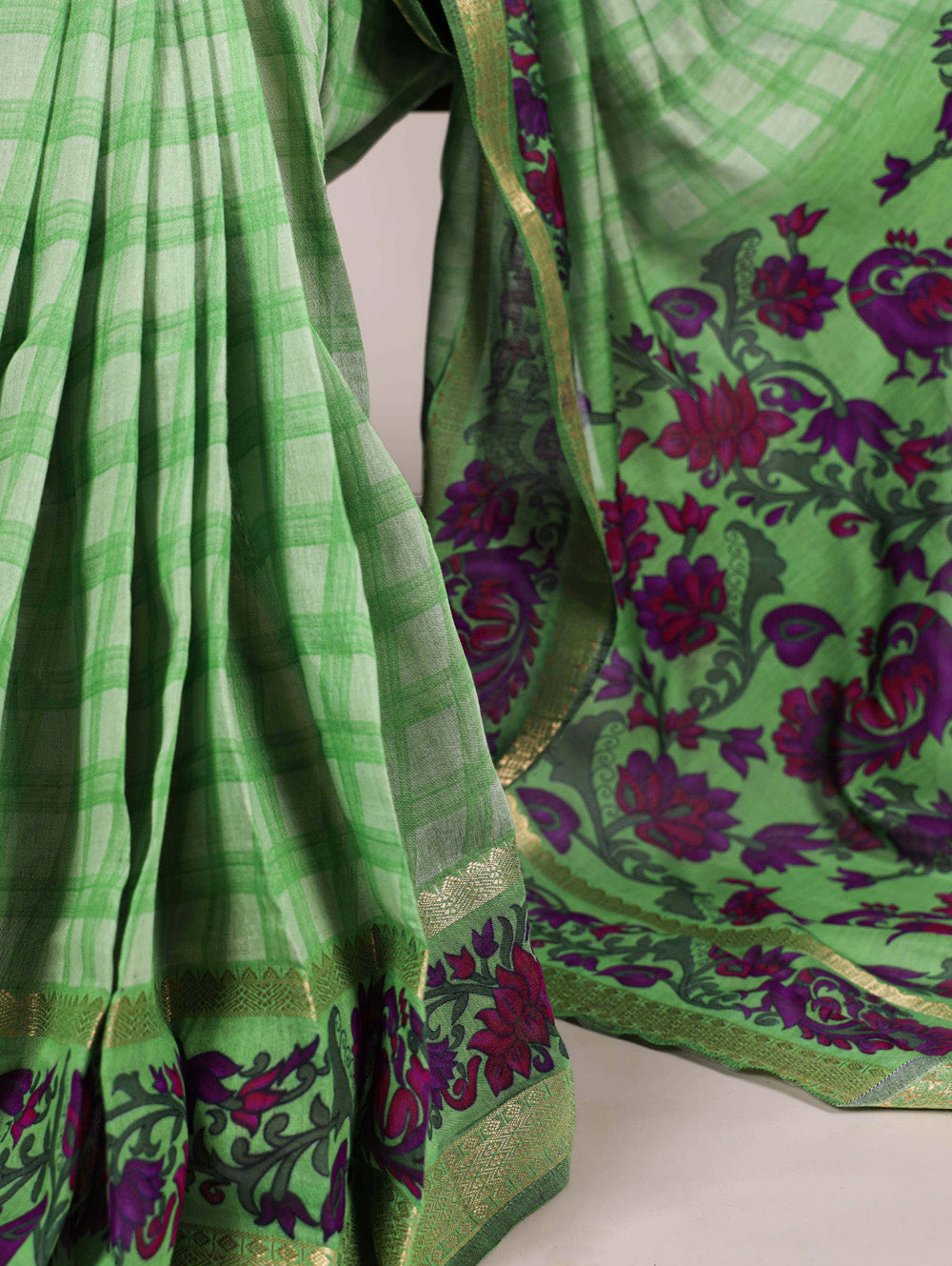Parrot green printed polyester viscose chanderi saree with zari weaving border