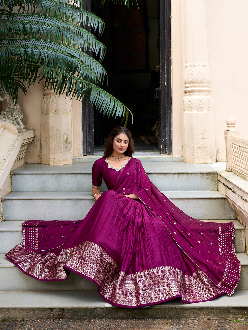 Wine chanderi silk lehenga choli with zari weaving matching dupatta