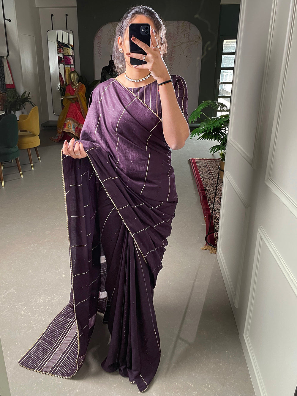 Wine Sequins And Zari Work Viscose Chanderi Saree